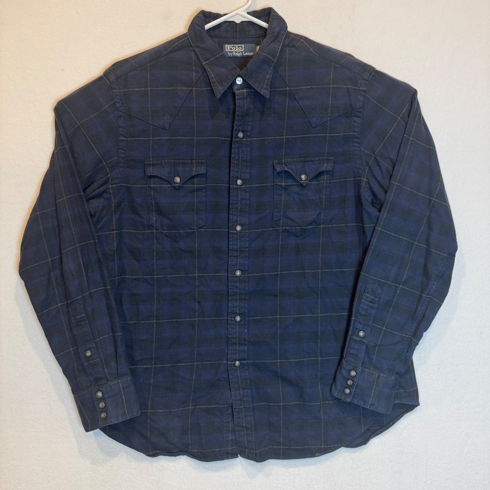 Polo Ralph Lauren Mens XL Blue Plaid Flannel Western Snap Long Sleeve Shirt